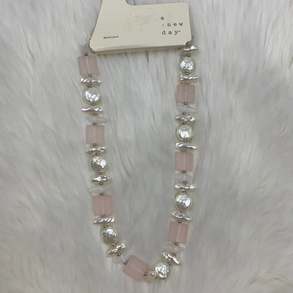 4/$20 A New Day Pink Square Bead, White Bead & White Pearlized Bead Necklace - Picture 4 of 7